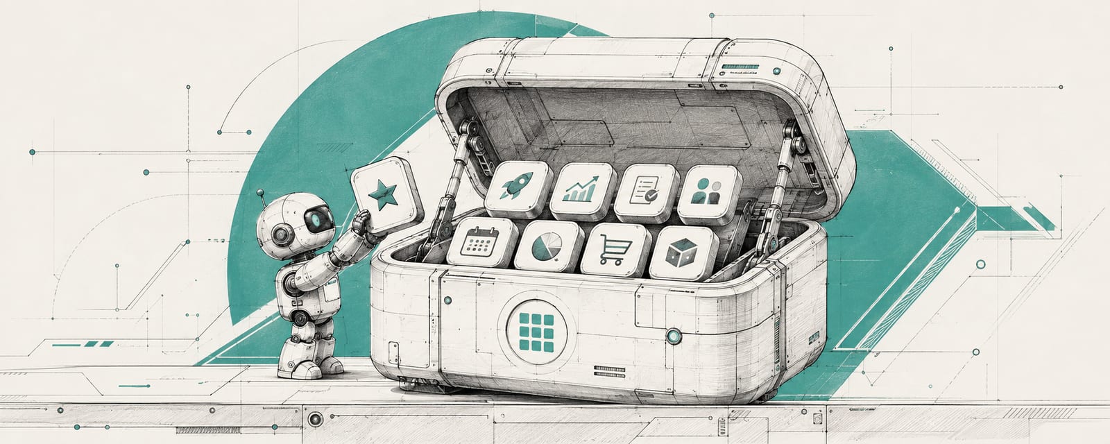 A little robot stocking the App Store toolbox with app tiles