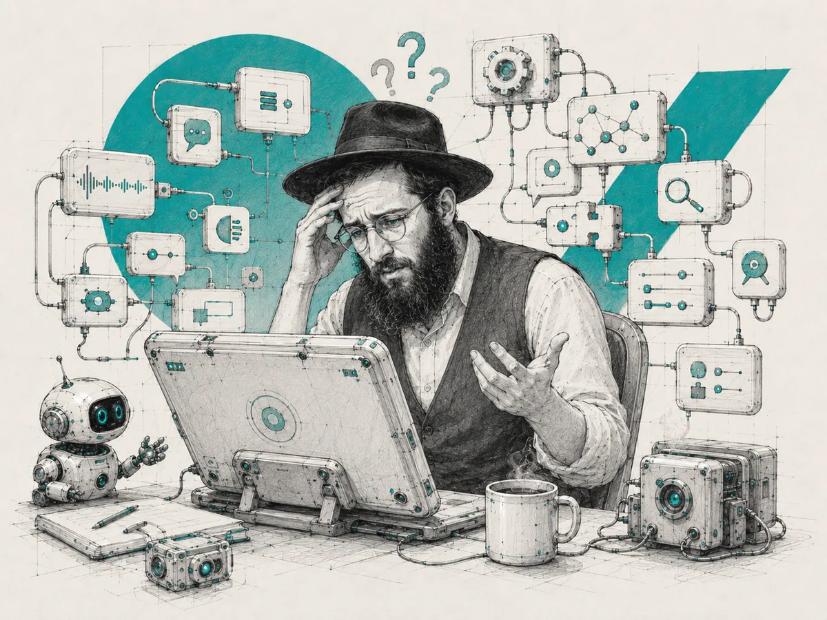 Ink and teal illustration of a bearded shliach at a laptop, hand to his head with question marks overhead, surrounded by a wired-together web of AI modules for voice, chat, search and connections, with a small robot on the desk.
