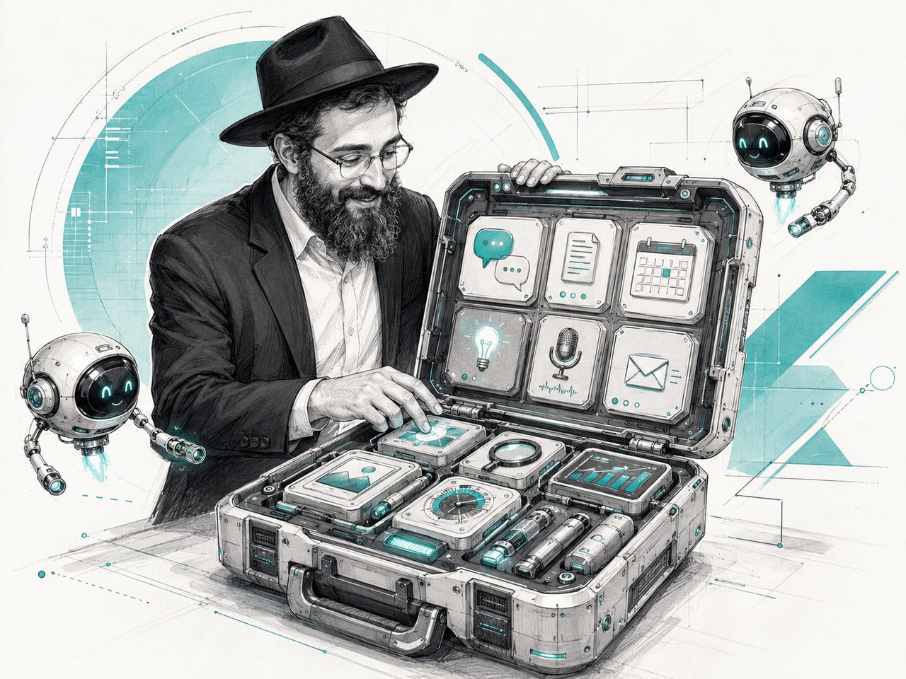 A shliach opening a toolbox filled with AI tools