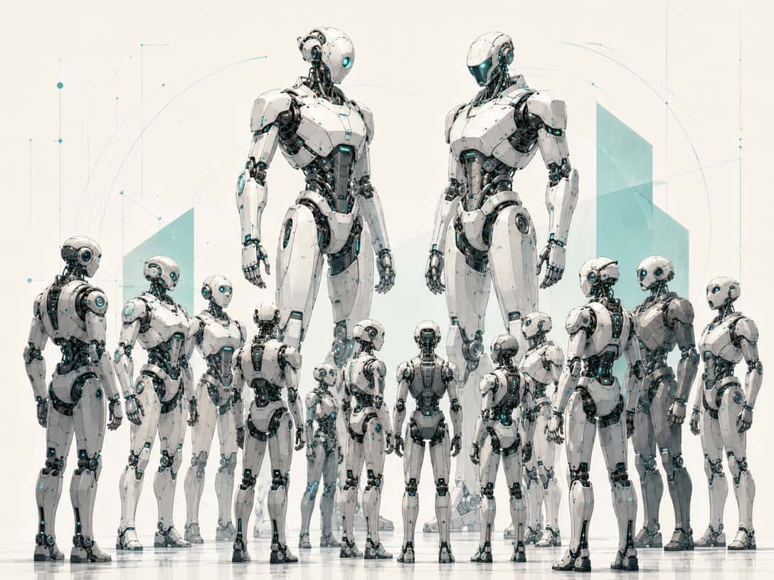 A lineup of white and teal humanoid AI robots in many different sizes standing together, from small to towering.