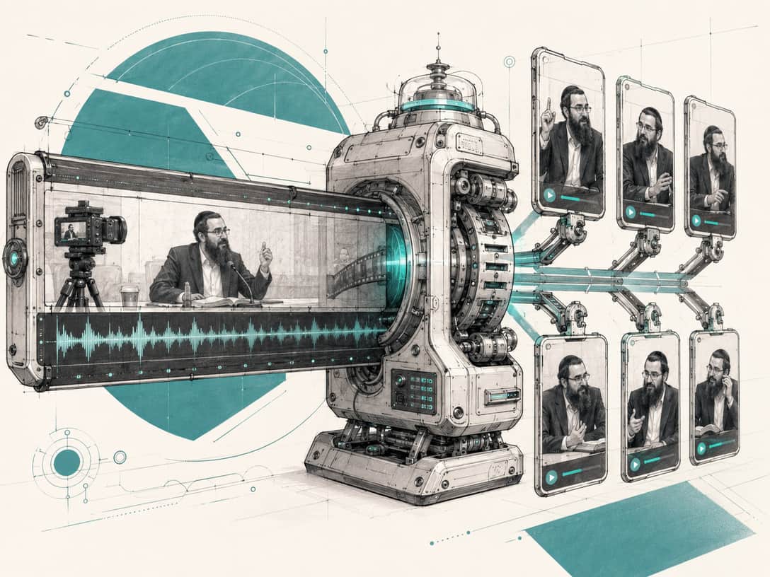 An illustration of a large machine processing a recorded shiur into several short video clips shown on phone screens.