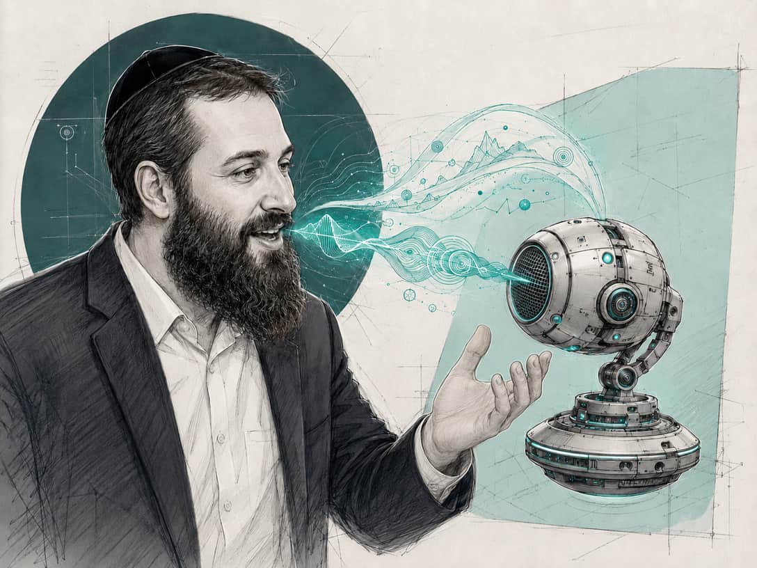 A bearded shliach in a yarmulke speaking into a floating microphone device, his words rendered as teal sound waves.