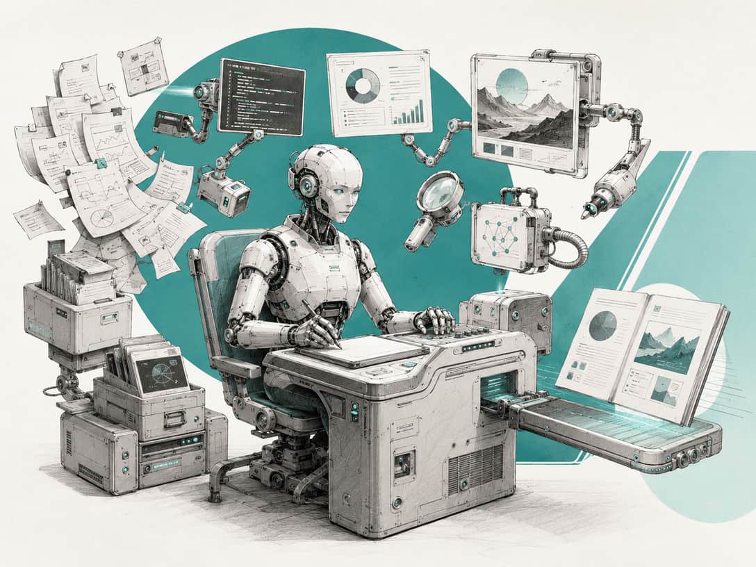 A robot seated at a workstation surrounded by floating panels of documents, a code editor, a chart and a report, illustrating an AI agent carrying out multi-step work.