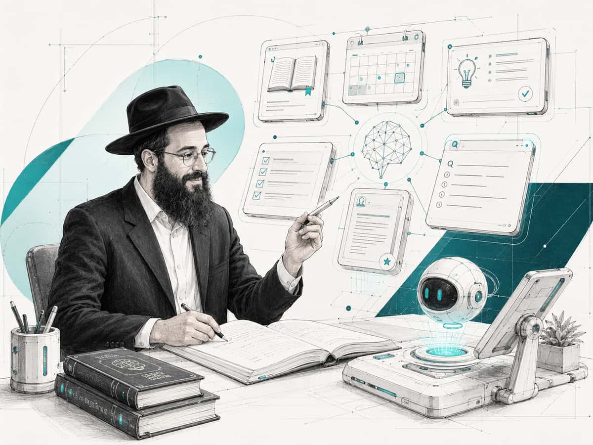 A bearded shliach in a hat writing in a notebook, surrounded by floating panels of a book, a calendar, a checklist and a question-and-answer card linked to a small AI assistant.