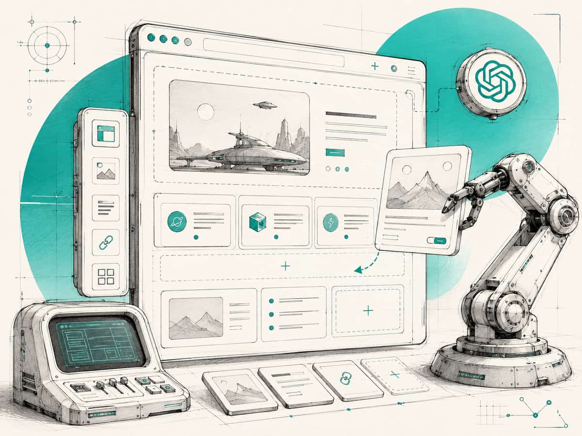 A robotic arm placing content blocks into a website layout on a large screen, with a side panel of image, text and link building blocks.