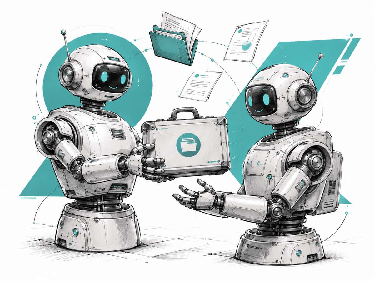 One friendly robot handing a briefcase of files to a second robot, with folders and pages passing between them.