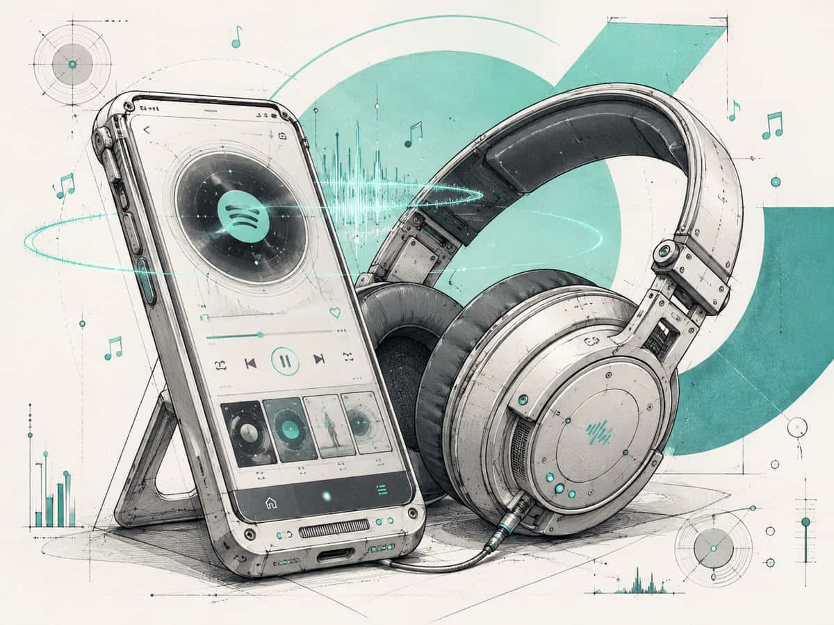 A phone on a stand playing a podcast episode beside a pair of studio headphones, with sound waves and music notes drawn around them.