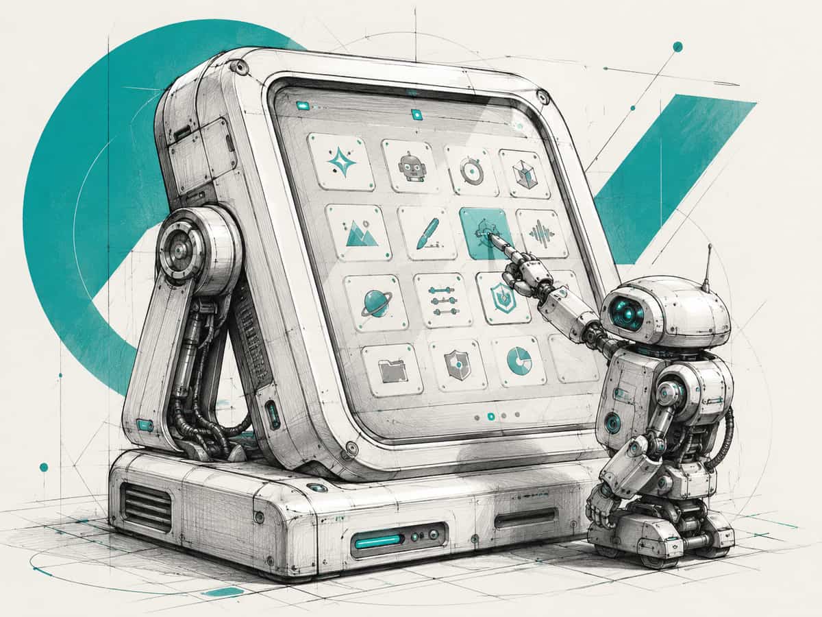 A small robot reaching up to tap one tile on a large screen filled with a grid of app icons, drawn as a pencil sketch.