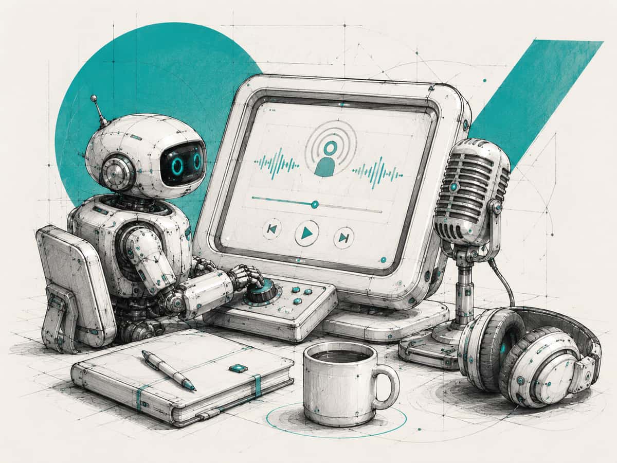 A robot at a desk working a podcast player on screen, with a studio microphone, headphones, a notebook and a mug beside it.