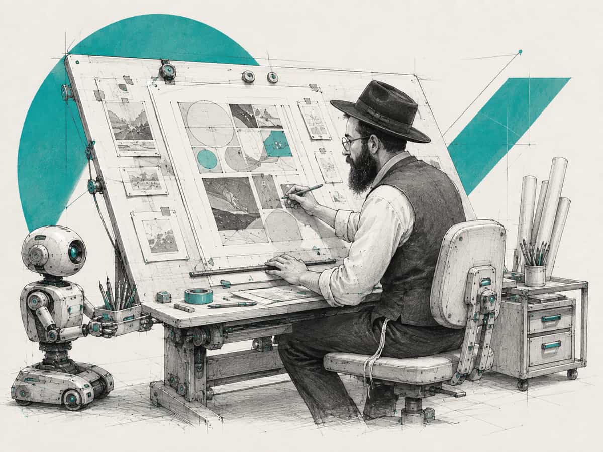 A shliach in a hat working at a drafting table, laying out a flyer by hand while a small robot watches from beside the desk.