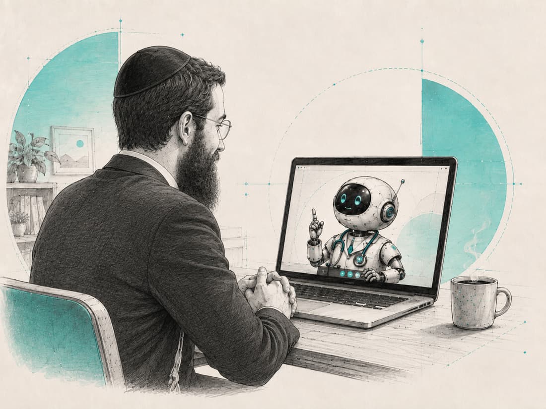 A man on a video call with a laptop; on the screen, a small robot wearing a stethoscope raises a finger mid-explanation, a steaming mug beside the laptop.