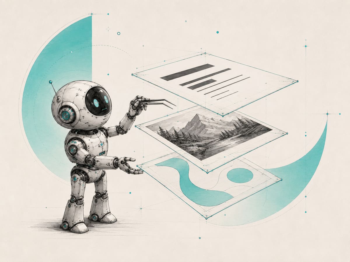 A small robot with tweezers lifts a flat poster apart into three floating glass-like layers, one holding text blocks, one a landscape picture, one a decorative shape.