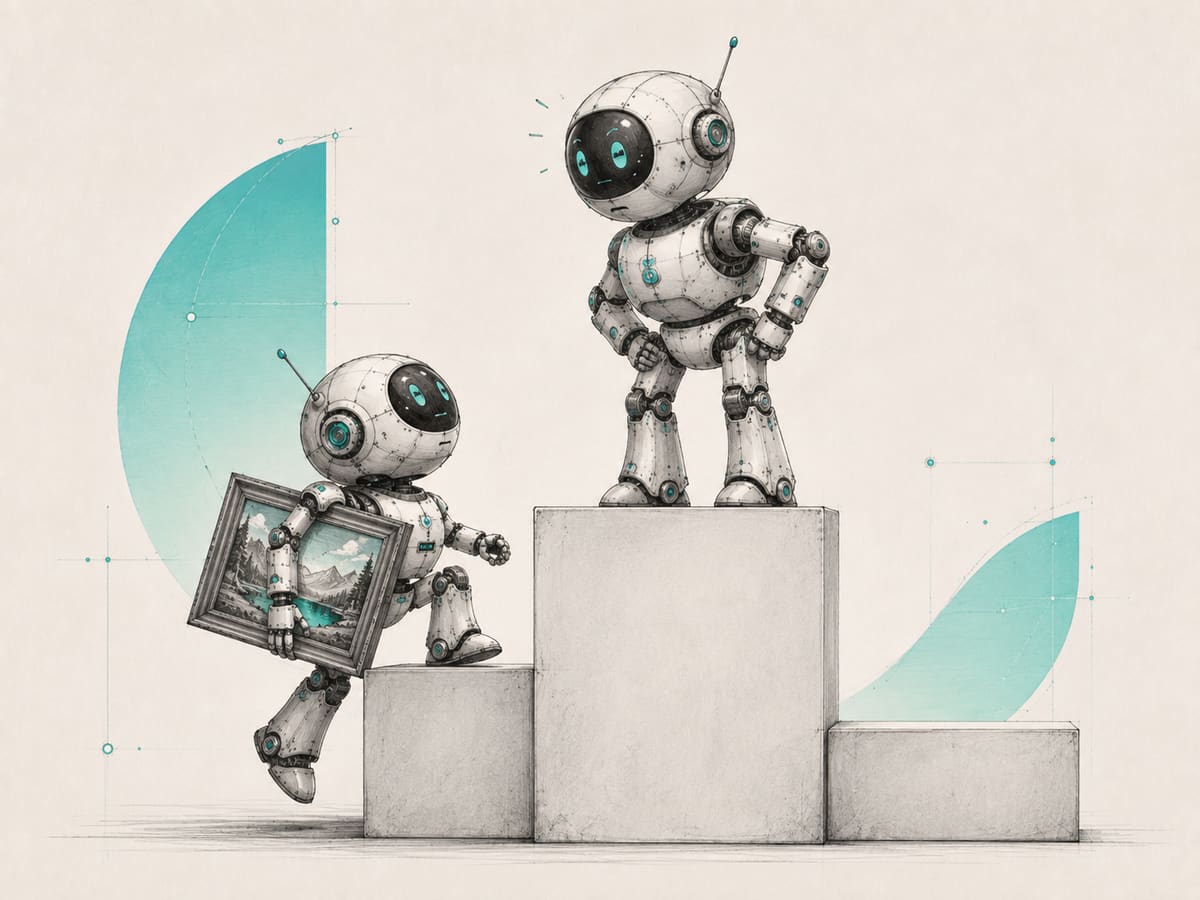 A small robot carrying a framed landscape painting climbs onto the second step of a podium while a taller robot on the first-place step looks down in surprise.