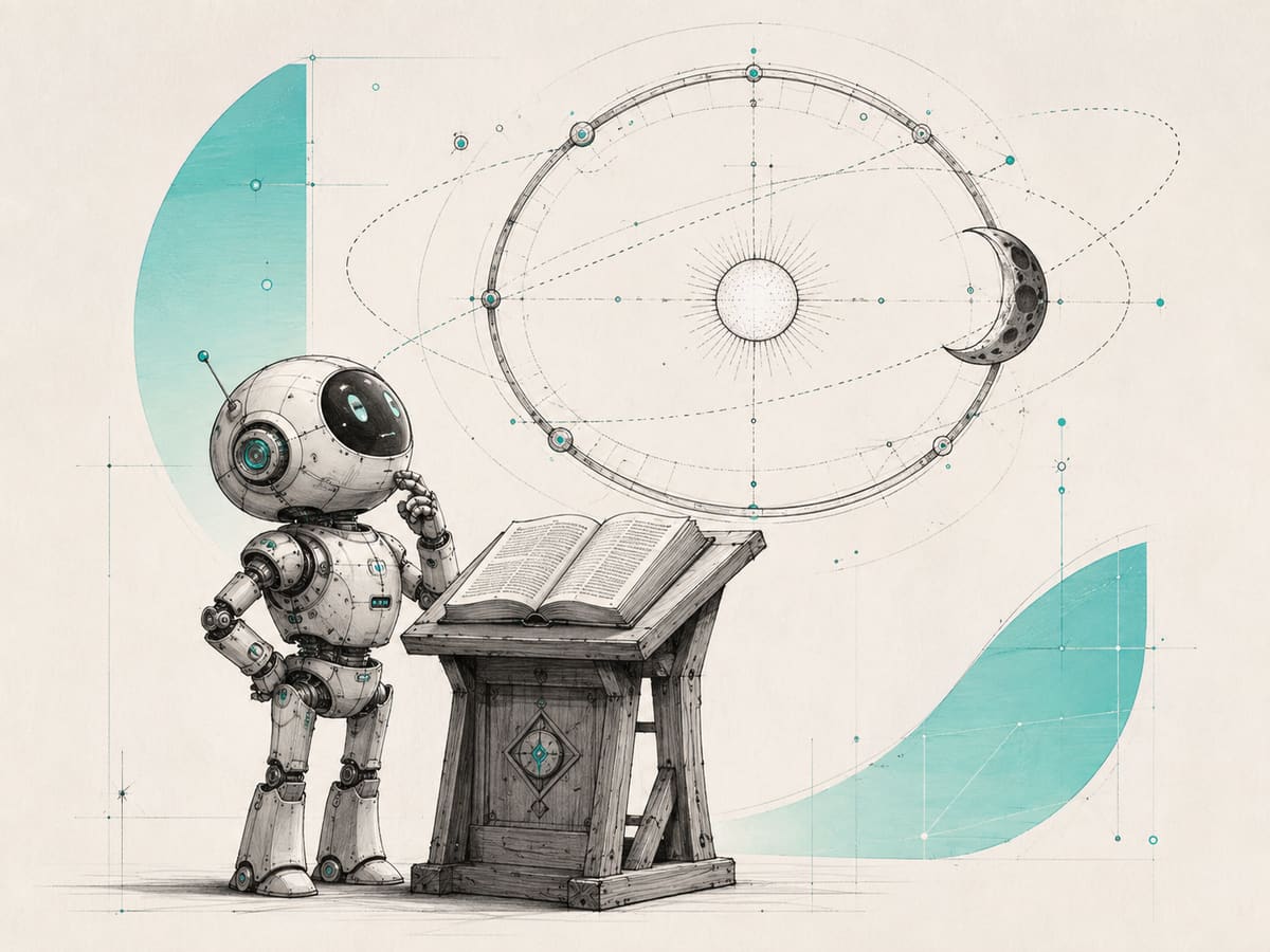 A small robot at a wooden shtender with an open sefer, looking up at a large diagram of the sun and a crescent moon on circular orbit lines.