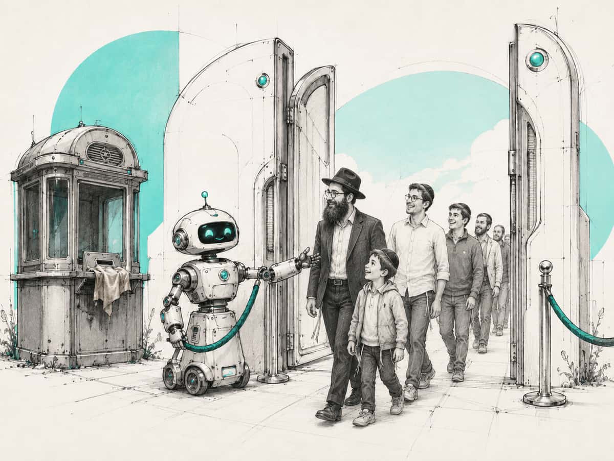 A small robot lifts a rope barrier to welcome a smiling line of visitors through wide open gates, while an old ticket booth with a cloth draped over its window stands unused to the side.