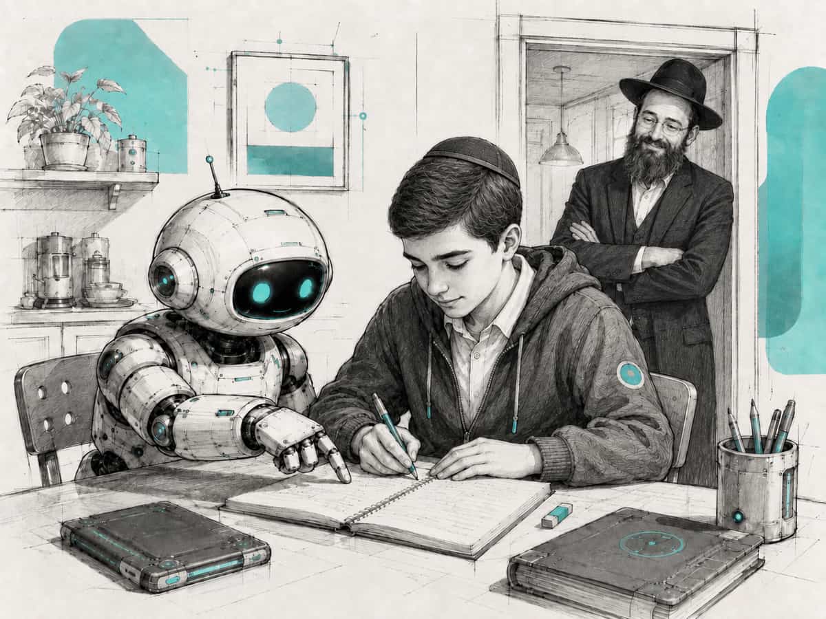 A small robot points to a line in an open notebook as a teenager writes, while a parent watches from the doorway with a warm smile.