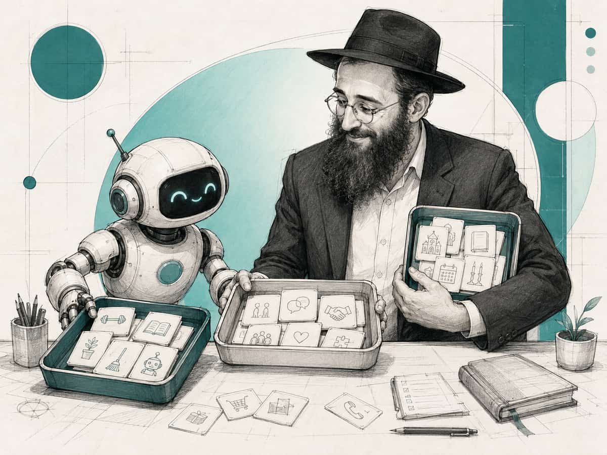 A shliach and a small robot sort task cards into three trays at a desk, the robot pulling one tray close while they hold the middle tray together and the shliach keeps the third against his chest.