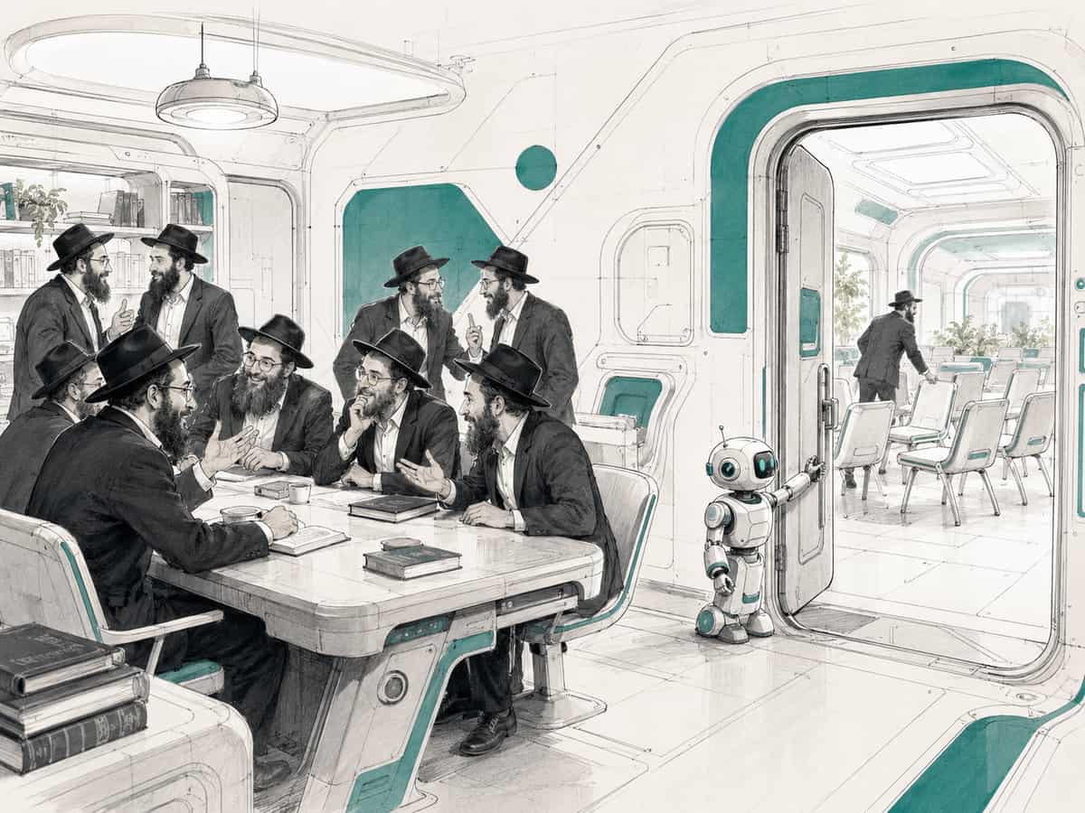A room of shluchim in lively conversation around a table while a small robot holds open a door to a second bright room where rows of fresh chairs are set out.