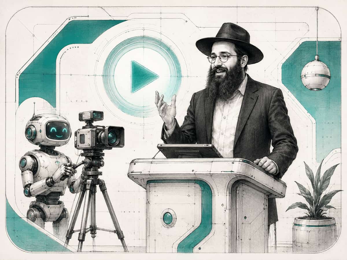 A shliach speaks at a lectern while a small robot operates a video camera on a tripod, with a large play button behind them.