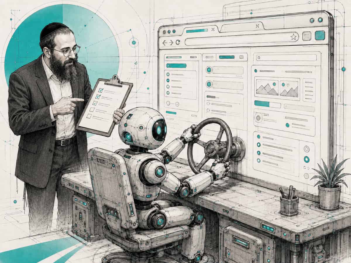 A small robot sits at a desk steering a giant browser window with a steering wheel while a shliach points at a checklist on a clipboard.
