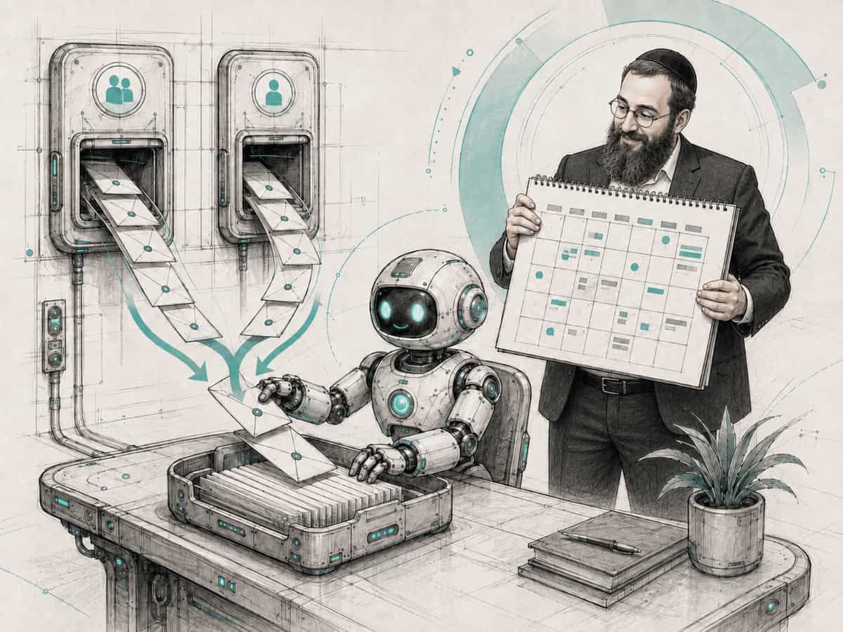 A small robot merges envelopes arriving from two wall slots into one tray while a smiling shliach holds up a single calendar that shows everything.