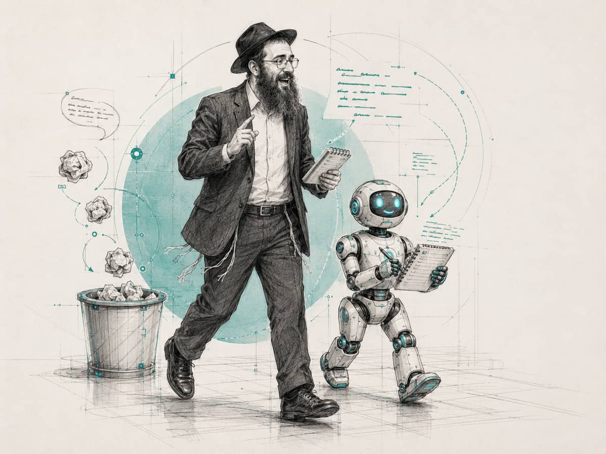 A shliach talks while walking and a small robot follows alongside, writing his words into a notepad, with crumpled notes dropping into a wastebasket behind them.