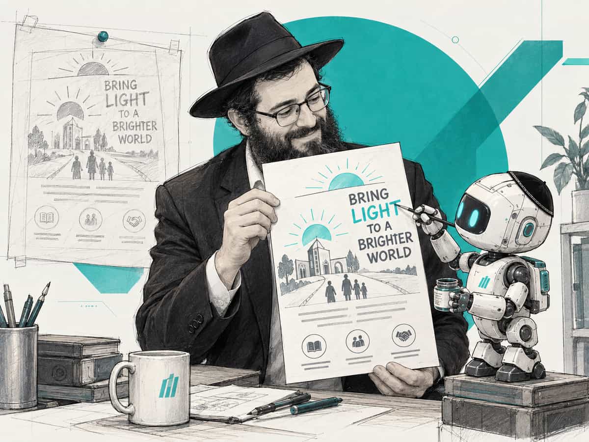 A shliach holds up a finished flyer while a small robot with a fine brush corrects one word on it, with the rough pencil sketch of the same flyer pinned to the wall behind them.