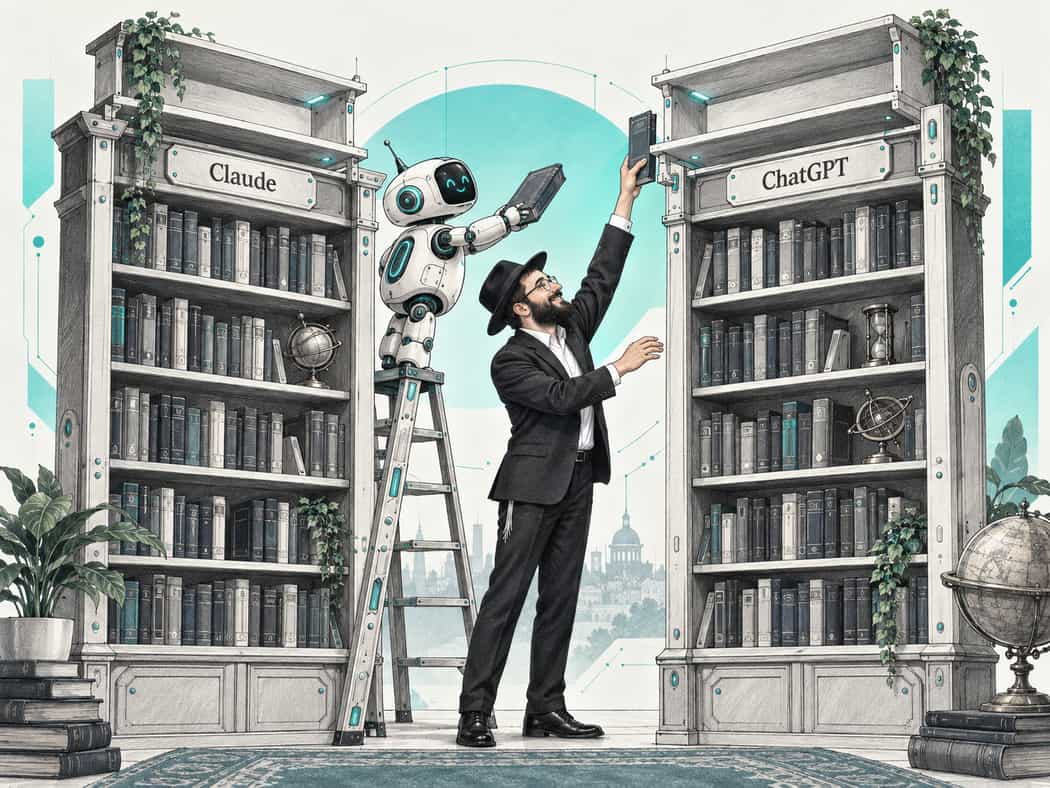 A shliach reaches up to place a book on the new top shelf of a bookcase labeled ChatGPT while a small robot on a ladder adds one to the Claude bookcase beside it.