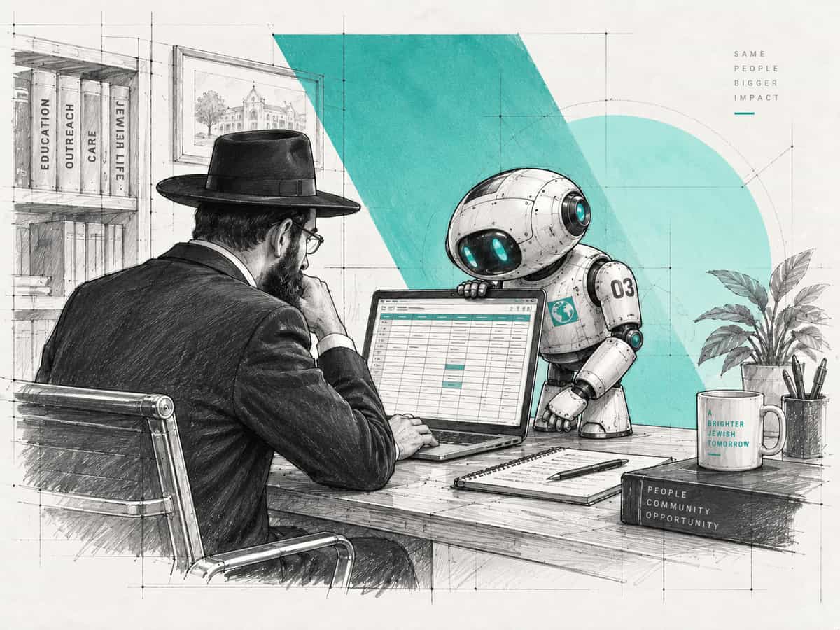 A shliach studies a spreadsheet on his laptop while a small robot leans over the top of the screen to read it with him.