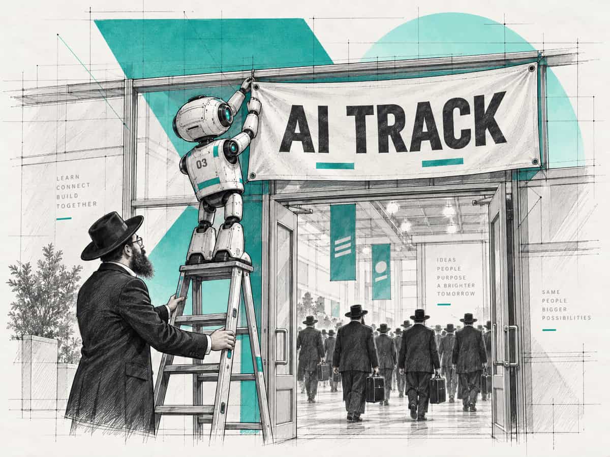 A small robot on a stepladder hangs a banner reading AI Track over the doors of a convention hall while a shliach steadies the ladder and shluchim walk in behind them.