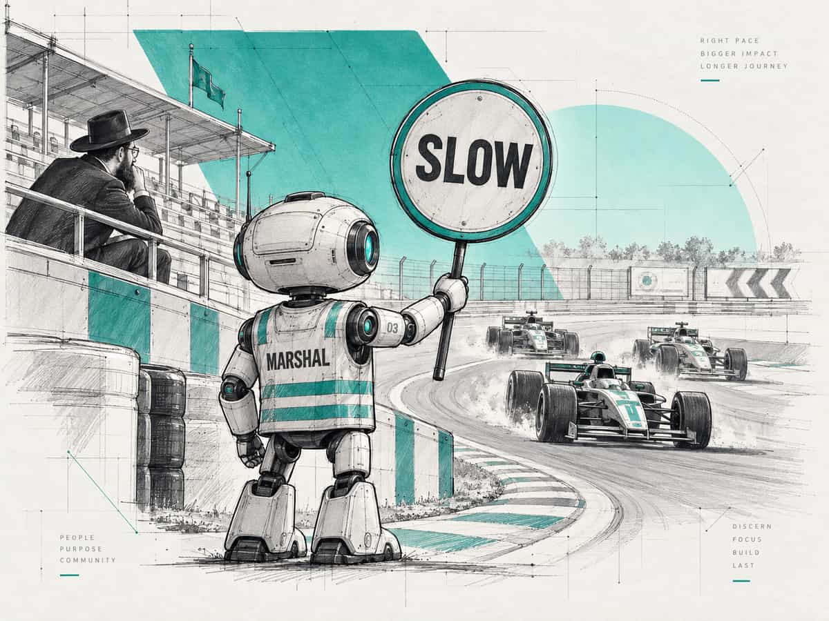 A small robot in a marshal's vest holds up a Slow sign at the edge of a racetrack as three race cars brake, while a shliach watches from the grandstand.