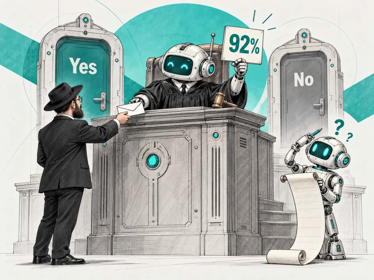 A small robot in a judge's robe holds up a 92% scorecard between doors marked Yes and No as a shliach hands it an envelope, while a second robot holding a long scroll scratches its head.