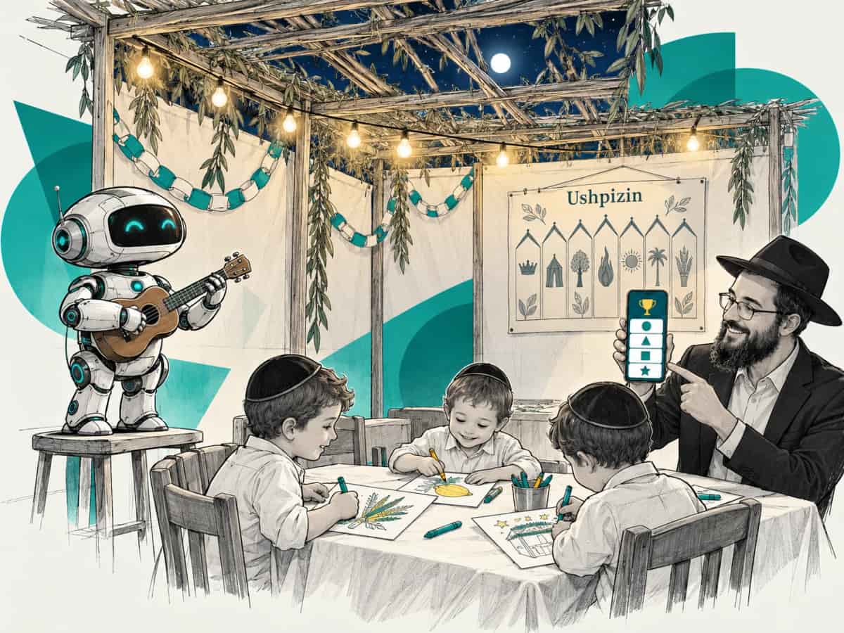 In a sukkah lit with string lights, a small robot plays a ukulele while three boys color pictures of a lulav, esrog and sukkah and a shliach holds up a trivia game on his phone, an Ushpizin poster on the wall.