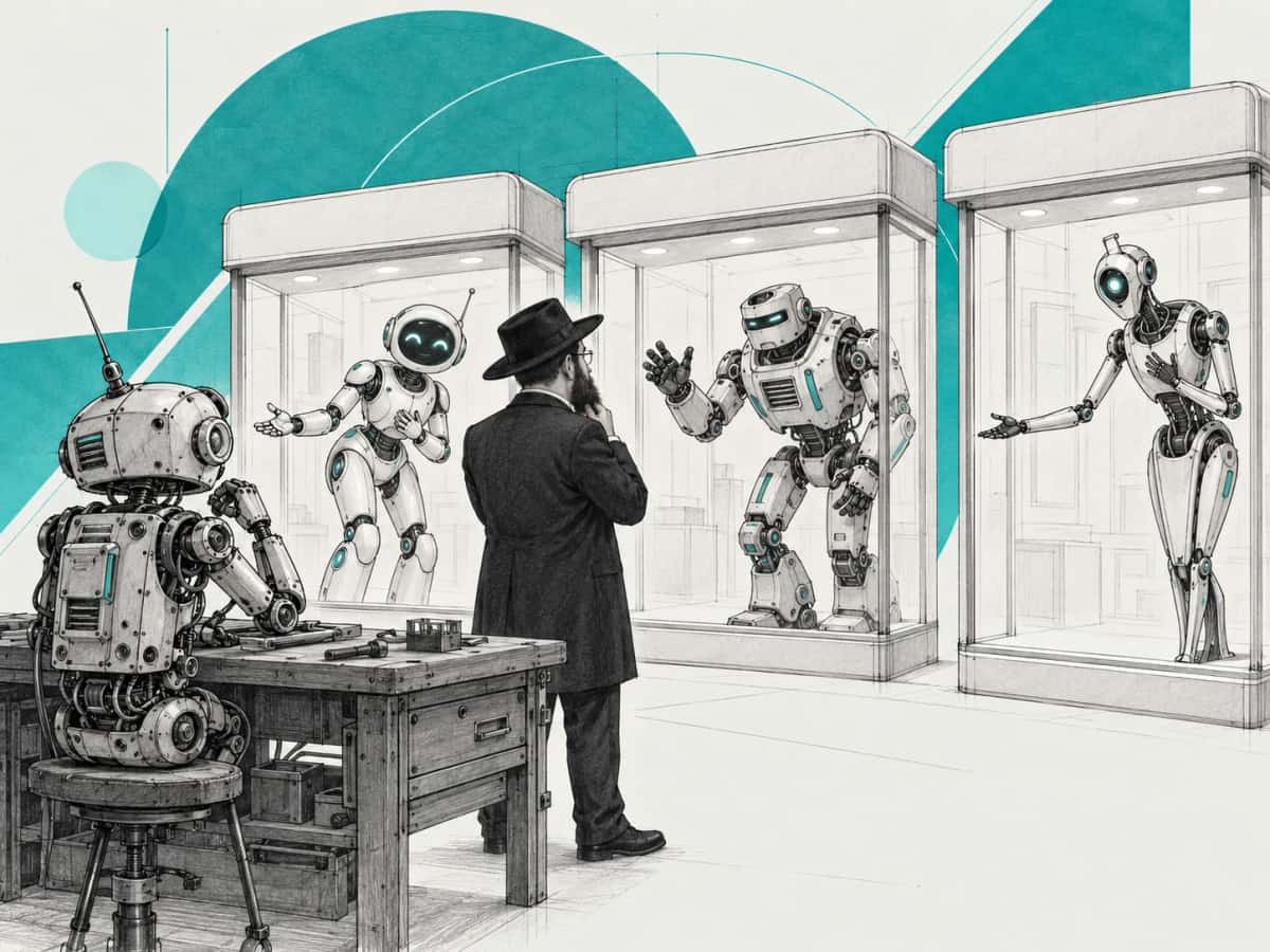 A shliach strokes his beard in a showroom as three different robots in glass display cases beckon to him, while a homemade robot sits at a workbench beside him.