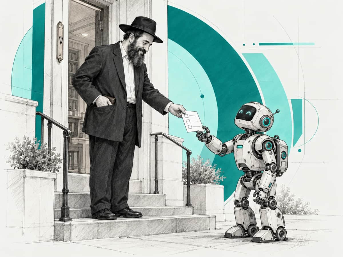 On the steps of a Chabad House, a shliach hands a small robot a short checklist while his other hand keeps his wallet in his pocket.