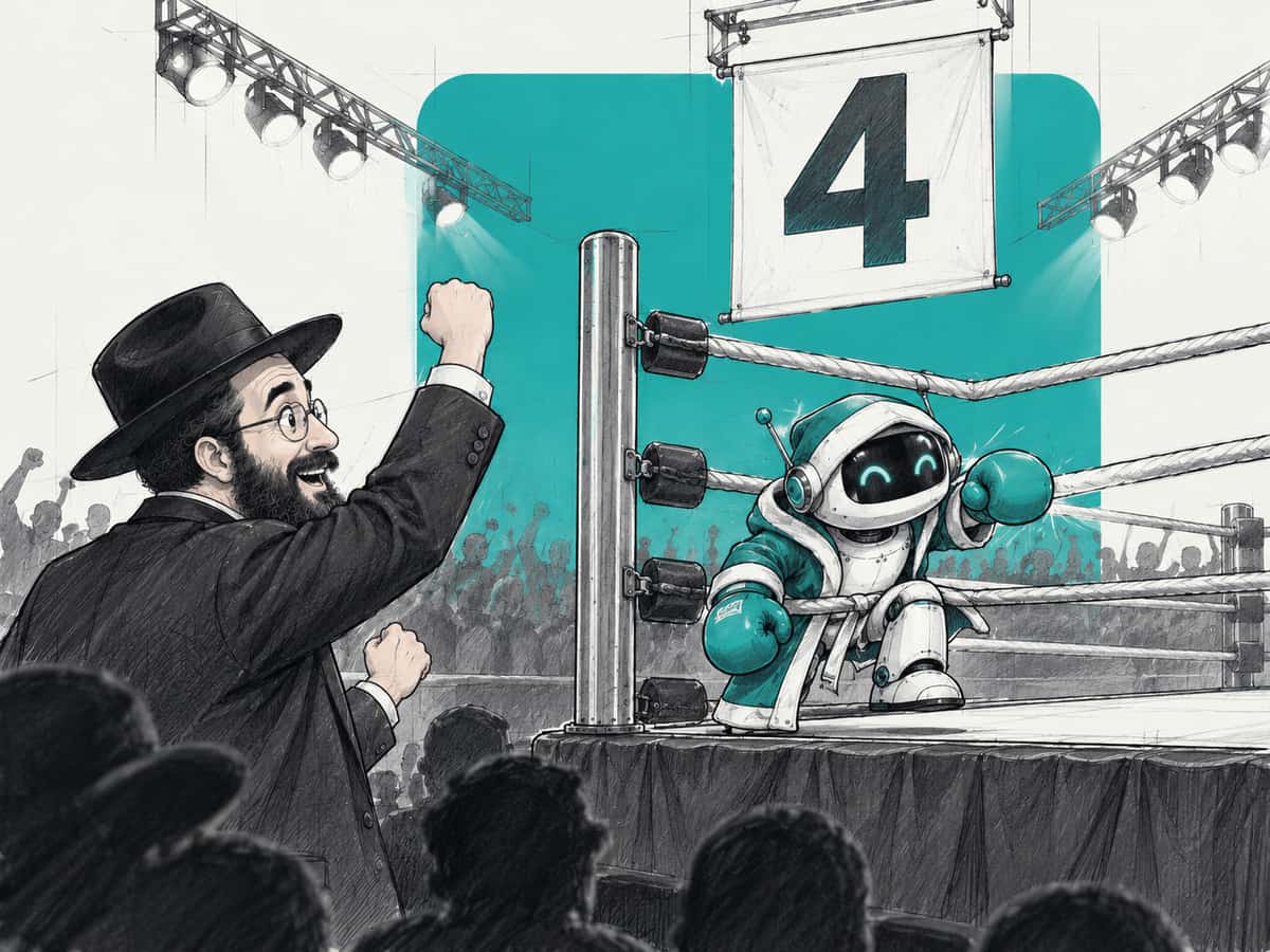 A small robot in a boxer's robe climbs back into the ring under a big number 4 while a shliach in the front row cheers.